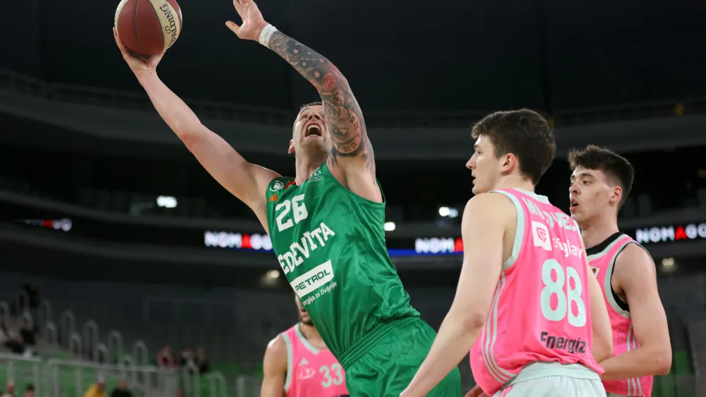 in action during ABA League 2023-2024 quarter-final basketball match between Cedevita Olimpija and Mega MIS in Ljubljana, Slovenia on April 21, 2024. Foto: Filip Barbalic