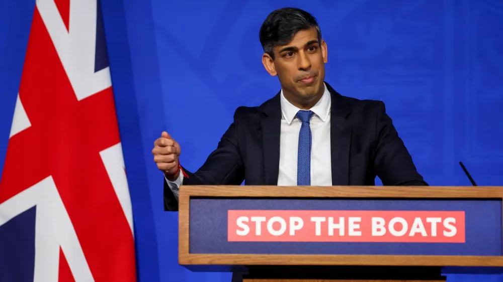 British Prime Minister Rishi Sunak attends a press conference at Downing Street in London, Britain, April 22, 2024. REUTERS/Toby Melville/Pool