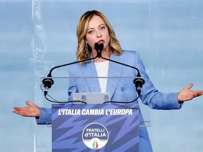 28 April 2024, Italy, Pescara: Italian Prime Minister Giorgia Meloni speaks during the Programmatic Conference of the Fratelli d'Italia (Brothers of Italy). Photo: Roberto Monaldo/LaPresse via ZUMA Press/dpa