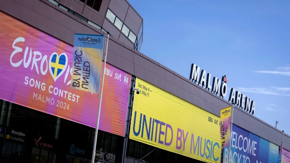 04 May 2024, Sweden, Malmo: The ESC motto "United By Music" is written on the Malmo Arena, where the 68th Eurovision Song Contest will take place from 07 - 11 May 2024. Photo: Sander Koning/ANP/dpa