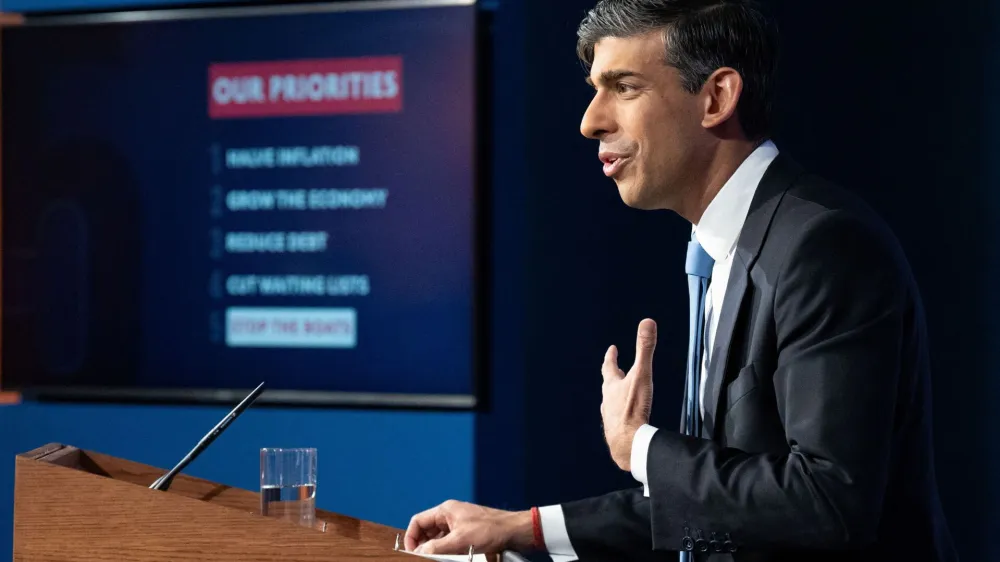 Prime minister, Rishi Sunak speaks during a press conference in Downing Street in London, after he saw the Safety of Rwanda Bill pass its third reading in the House of Commons by a majority of 44 on Wednesday evening. Picture date: Thursday January 18, 2024. Stefan Rousseau/Pool via REUTERS