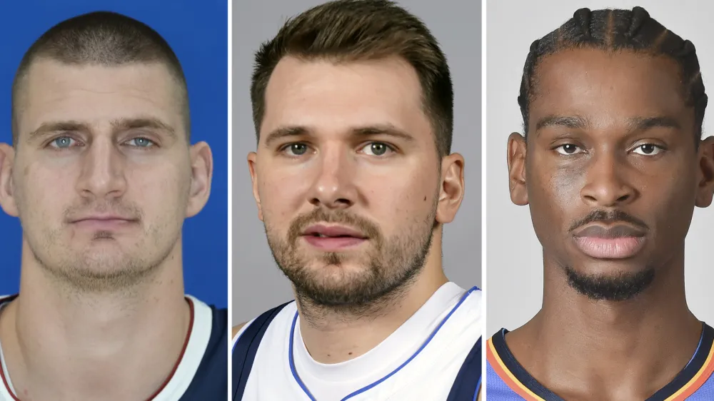 FILE - From left are Denver Nuggets center Nikola Jokic, Dallas Mavericks guard Luka Doncic and Oklahoma City Thunder guard Shai Gilgeous-Alexander in 2023. Jokic, Doncic and Gilgeous-Alexander are the three finalists for the NBA MVP Award that will be announced Wednesday, May 8, 2024. (AP Photo/File)