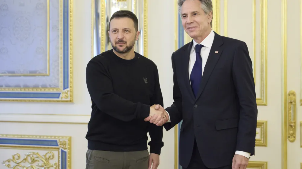 In this photo provided by the Ukrainian Presidential Press Office, Ukraine's President Volodymyr Zelenskyy, left, greets U.S. Secretary of State Antony Blinken, right, prior to their meeting in Kyiv, Ukraine, Tuesday, May 14, 2024. Blinken arrived in Kyiv on Tuesday in an unannounced diplomatic mission to reassure Ukraine that it has American support as it struggles to defend against increasingly intense Russian attacks. (Ukrainian Presidential Press Office via AP)
