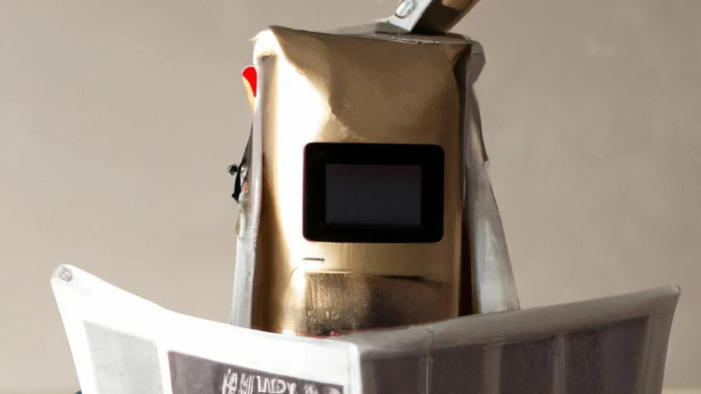 Človek z računalni&scaron;kim monitorjem namesto glave med prebiranjem časopisa. Fotografijo je izdelala umetna inteligenca Dall-E 2.