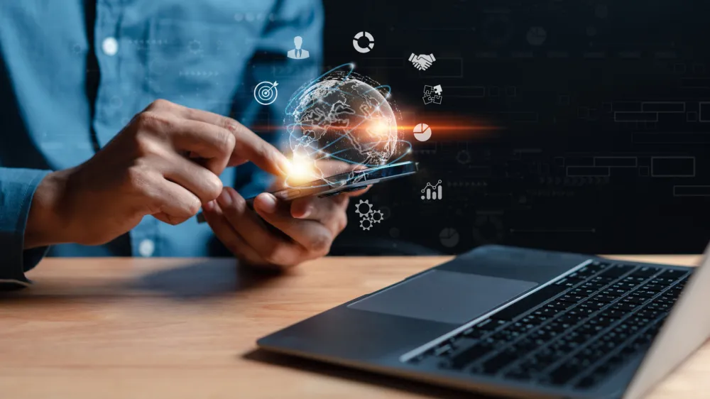 Businessman use smartphone management target idea icon which for planning development leadership and customer target group, start up new business concept.