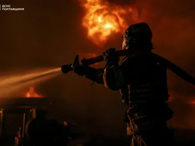 A firefighter works at a site of a Russian drone strike, amid Russia's attack on Ukraine, in Poltava region, Ukraine in this handout image released on June 5, 2024. Press service of the State Emergency Service of Ukraine in Poltava region/Handout via REUTERS ATTENTION EDITORS - THIS IMAGE HAS BEEN SUPPLIED BY A THIRD PARTY.