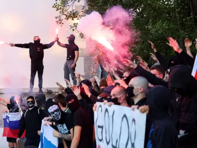 Far-right protesters take part in an anti-immigration demonstration, in Ljubljana, Slovenia, June 7, 2024. REUTERS/Borut Zivulovic
