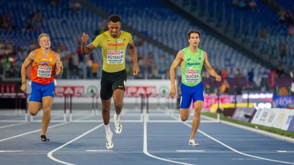 Matic Ian Guček (v zelenem dresu) je bil v finalu teka na 400 m z ovirami v Rimu sedmi.&nbsp;