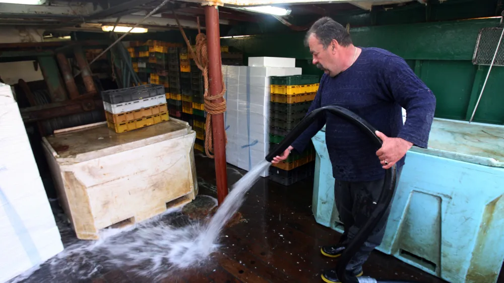 - ribi&scaron;la ladja Riba - ribiči - raztovarjanje ulova rib- Slovensko morje - primorska - pomor&scaron;čaki -  ///FOTO: Tomaž SkaleOPOMBA: ZA OBJAVO V PRILOGI &ndash; DNEVNIKOV OBJEKTIV - REPORTAŽA