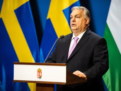 FILED - 23 February 2024, Hungary, Budapest: Hungarian Prime Minister Viktor Orban speaks during press conference with Swedish Prime Minister Ulf Kristersson. Photo: Marton Monus/dpa