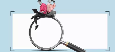 A young woman with a binoculars and man with a laptop is sitting on a big magnifying glass. Art collage. Team ist Searching for information on the internet concept. / Foto: Fotografielink