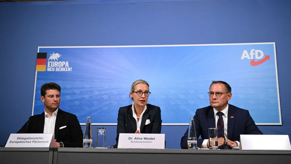 Germany's Alternative for Germany (AfD) party co-leaders Alice Weidel and Tino Chrupalla attend a press conference with Rene Aust, AfD's candidate for the European Parliament elections, after EU election results, in Berlin, Germany, June 10, 2024. REUTERS/Annegret Hilse