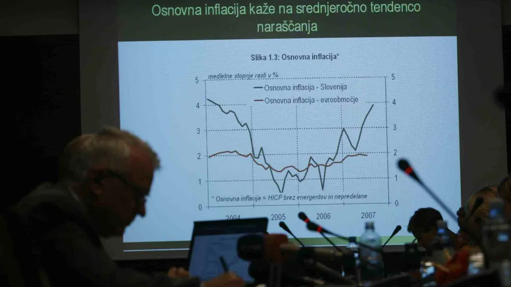 - Svet Banke Slovenije (BS) - - poročilo o cenovni stabilnosti - osnovna inflacija kaže na srednjeročno tendenco nara&scaron;čanja - - obravnavali gospodarska in finančna gibanja v letu 2007 ter sprejeli poročilo o cenovni stabilnosti. - - svet ugotavlja, da je rast inflacije poleg rasti cene hrane in naftnih derivatov posledica tudi notranjih dejavnikov, pregretosti nekaterih sektorjev gospodarstva, pa tudi nekonkurenčnega okolja nekaterih panog, v katerih lahko ponudniki zvi&scaron;ujejo ceno//FOTO: Matej Pov&scaron;e   OPOMBA: ZA OBJAVO V ČASOPISU DNEVNIK