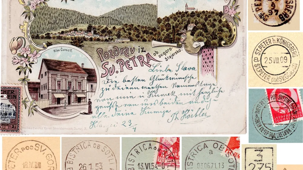 Razglednica Sv. Peta pod Svetimi gorami iz leta 1900, ob njej pregled žigov krajevne po&scaron;te, spodaj desno sta kontrolna žiga.