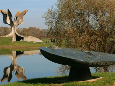 A memorial in the shape of a flower, designed by Serbian architect Bogdan Bogdanovi?, commemorates the victims of Jasenovac concentration camp near the town of Jasenovac, Croatia, 23 October 2013. The camp was the largest extermination camp in the fascist-governed 'independent state of Croatia' during the holocaust in World War II. Photo by: Hauke Schr&ouml;der/picture-alliance/dpa/AP Images
