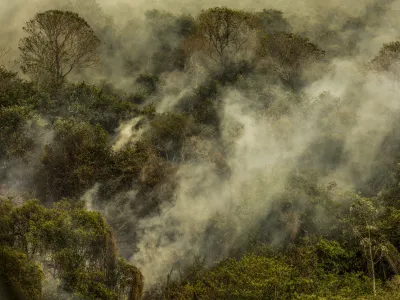 30 June 2024, Brazil, Corumba: Smoke rises from a forest during a fire in the Pantanal wetland. Photo: Marcelo Camargo/Agencia Brazil/dpa - ACHTUNG: Nur zur redaktionellen Verwendung und nur mit vollst&auml;ndiger Nennung des vorstehenden Credits