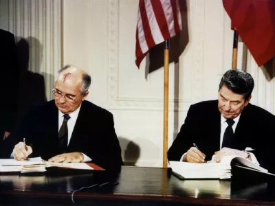 FILE PHOTO: U.S. President Ronald Reagan (R) and Soviet President Mikhail Gorbachev sign the Intermediate-Range Nuclear Forces (INF) treaty in the White House December 8 1987. REUTERS//File Photo