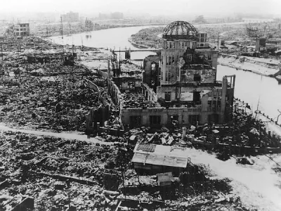 epa000494916 A handout photograph of the Hiroshima A-bomb Dome photographed by U.S. military following the atomic bomb drop on Hiroshima that killed over 140,000 people on 06 August 1945. The building, originally Hiroshima Prefectural Industrial Promotion Hall, was just160 meters northwest of the hypocenter. The skeletal structure of the dome standing above the city's ruins was a conspicuous landmark and has now become known officially as the A-bomb Dome. 06 August 2005 marks the 60th anniversary of the Hiroshima A-bomb blast. EPA/A PEACE MEMORIAL MUSEUMHANDOUT