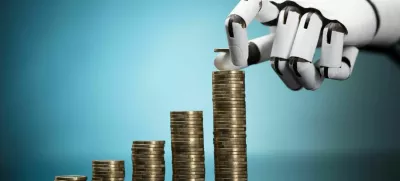 Close-up Of A Robot's Hand Stacking Golden Coins On Turquoise Background / Foto: Andreypopov