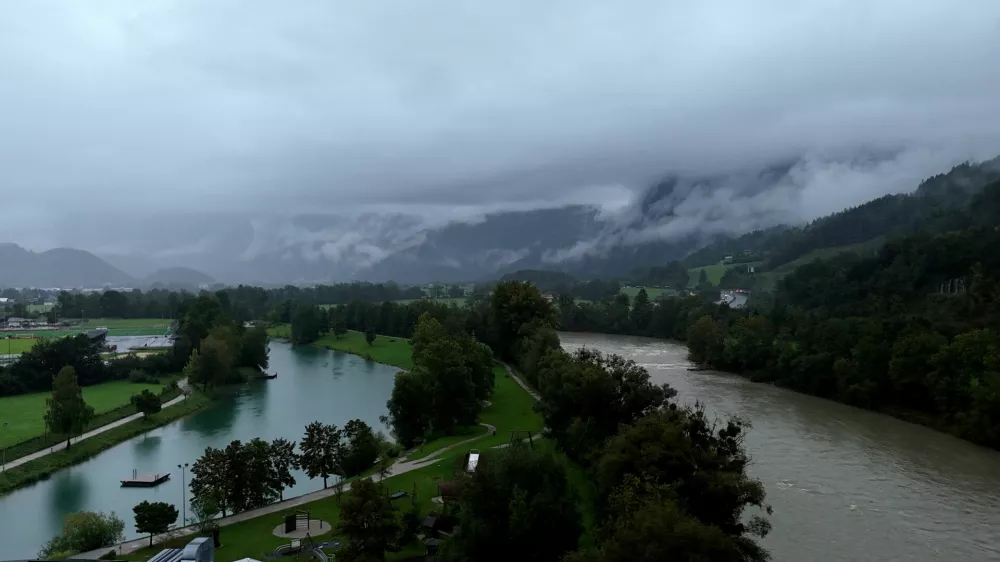 The Salzach river flows past the village of Kuchl near Salzburg, Austria,, September 13, 2024, as southern Germany and Austria expect heavy rainfall over the weekend.   REUTERS/Louisa Off