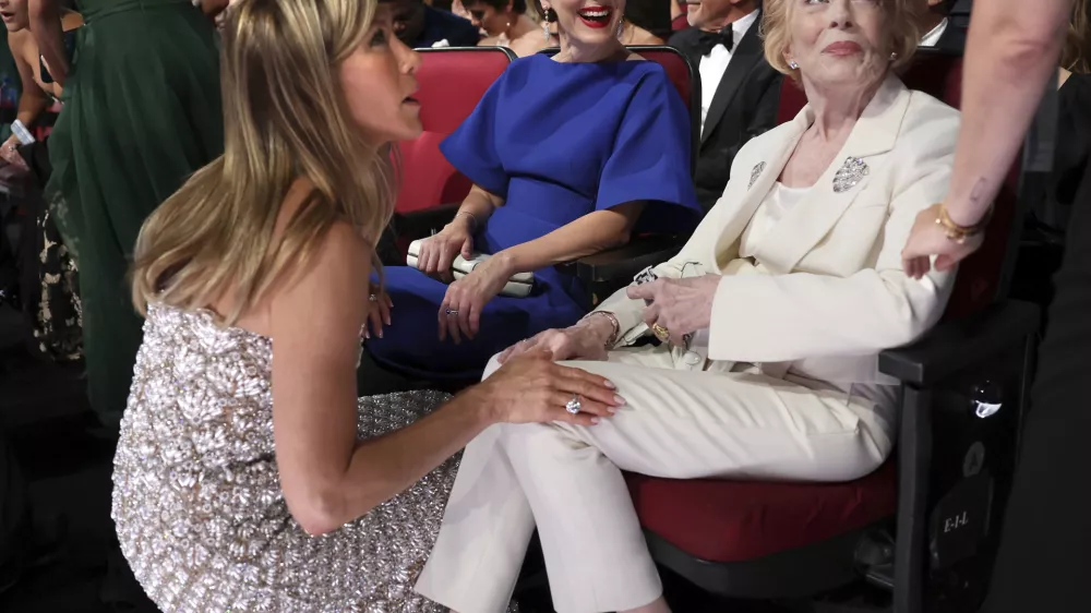 IMAGE DISTRIBUTED FOR THE TELEVISION ACADEMY &ndash; Jennifer Aniston, Sarah Paulson and Holland Taylor at the 76th Emmy Awards on Sunday, Sept. 15, 2024 at the Peacock Theater in Los Angeles. (Photo by Danny Moloshok/Invision for the Television Academy/AP Content Services)