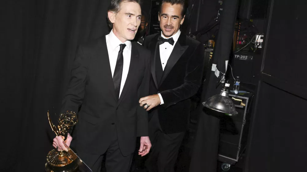 IMAGE DISTRIBUTED FOR THE TELEVISION ACADEMY &ndash; Billy Crudup and Colin Farrell backstage at the 76th Emmy Awards on Sunday, Sept. 15, 2024 at the Peacock Theater in Los Angeles. (Photo by Dan Steinberg/Invision for the Television Academy/AP Content Services)