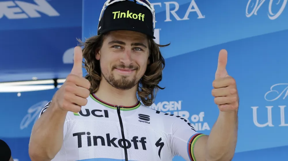 FILE - In this May 15, 2016, file photo, Peter Sagan, of Slovakia, reacts after winning stage one of the Amgen Tour of California cycling race, in San Diego. World road race champion Peter Sagan will seek Olympic gold in Rio on his mountain bike. The Slovak Olympic Committee announced Tuesday, June 7, 2016, that Sagan, one of the most popular and successful cyclists in the world, was awarded its lone starting spot in the mountain biking event at the Summer Games. (AP Photo/Gregory Bull, File)