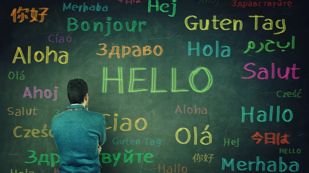 Rear view of a puzzled businessman in front of a huge chalkboard written with the word hallo in different languages and colors. Opportunity for learning many languages for students. / Foto: Bulat Silvia