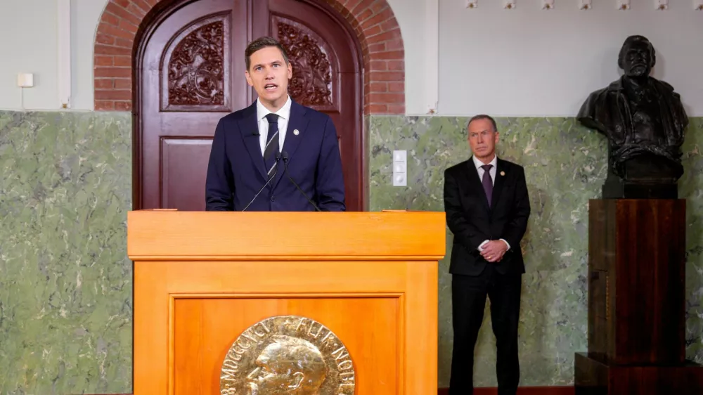 The head of the Norwegian Nobel Committee, Joergen Watne Frydnes, announces the Nobel Peace Prize 2024 for the Japanese organization Nihon Hidankyo, in Oslo, Norway October 11, 2024. NTB/Javad Parsa/via REUTERS  ATTENTION EDITORS - THIS IMAGE WAS PROVIDED BY A THIRD PARTY. NORWAY OUT. NO COMMERCIAL OR EDITORIAL SALES IN NORWAY.