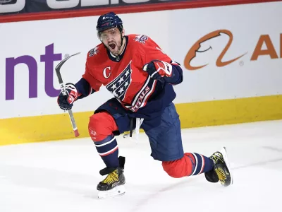 Washington Capitals left wing Alex Ovechkin celebrates his goal during the second period of the team's NHL hockey game against the New York Islanders, Tuesday, March 16, 2021, in Washington. This was Ovechkin's 718th career NHL goal, moving him to sixth on the career list. (AP Photo/Nick Wass)