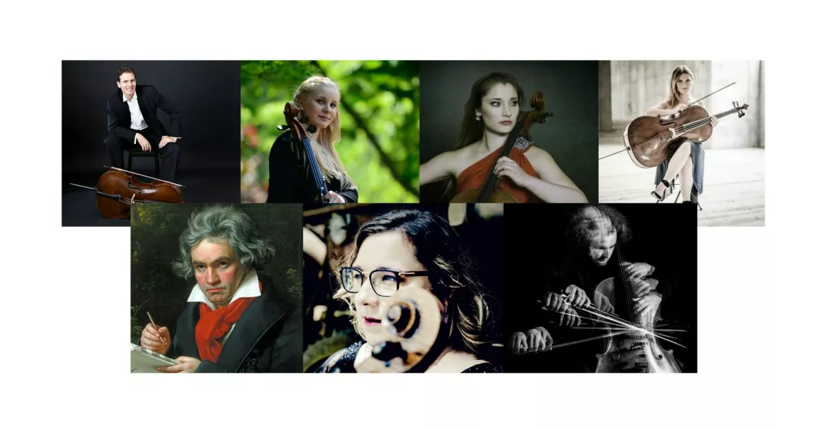Slovenski solisti na violončelu Gal Faganel, Tamara Gombač, Maru&scaron;a Bogataj Turjak, Alja Mandič Faganel, Sebastian Bertoncelj in umetni&scaron;ka vodja Cellofesta Karmen Pečar Koritnik bodo na dveh koncertih izvedli celoten opus Ludwiga van Beethovna za klavir in violončelo. To pomeni skoraj &scaron;tiri ure glasbe. Foto: arhiv Cellofest Ljubljana