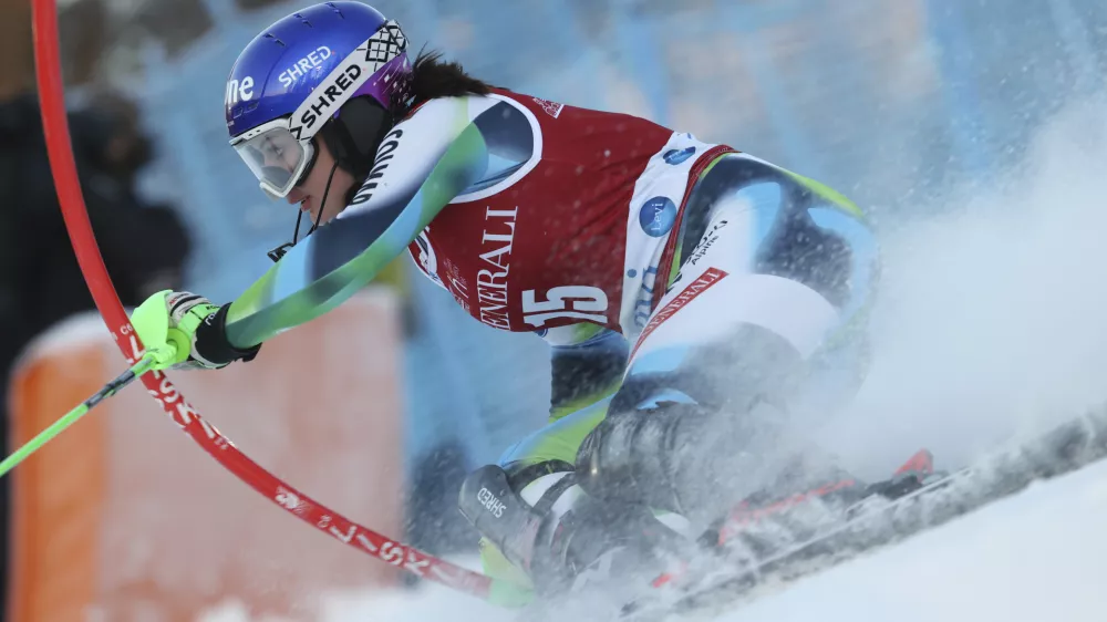 Slovenia's Andreja Slokar competes during the first run of an alpine ski, World Cup women's slalom in Levi, Finland, Sunday, Nov. 21, 2021. (AP Photo/Alessandro Trovati)