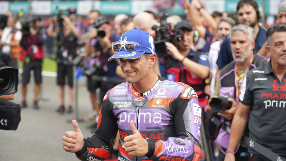 Spanish rider Jorge Martin of&nbsp;Prima Pramac Racing reacts after winning the sprint race at Sepang International Circuit ahead of MotoGP race in Sepang, outskirts of Kuala Lumpur, Saturday, Nov. 2, 2024. (AP Photo/Vincent Thian)