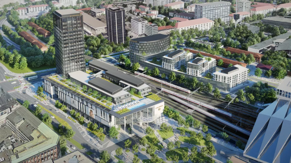 Emonika, potni&scaron;ki center Ljubljana, nova železni&scaron;ka in avtobusna postaja in komercialni ter stanovansjki kompleks. Investitorji SŽ, MZI, Mendota invest (OTP banka) in MOL. Predstavitev projekta april 2022
