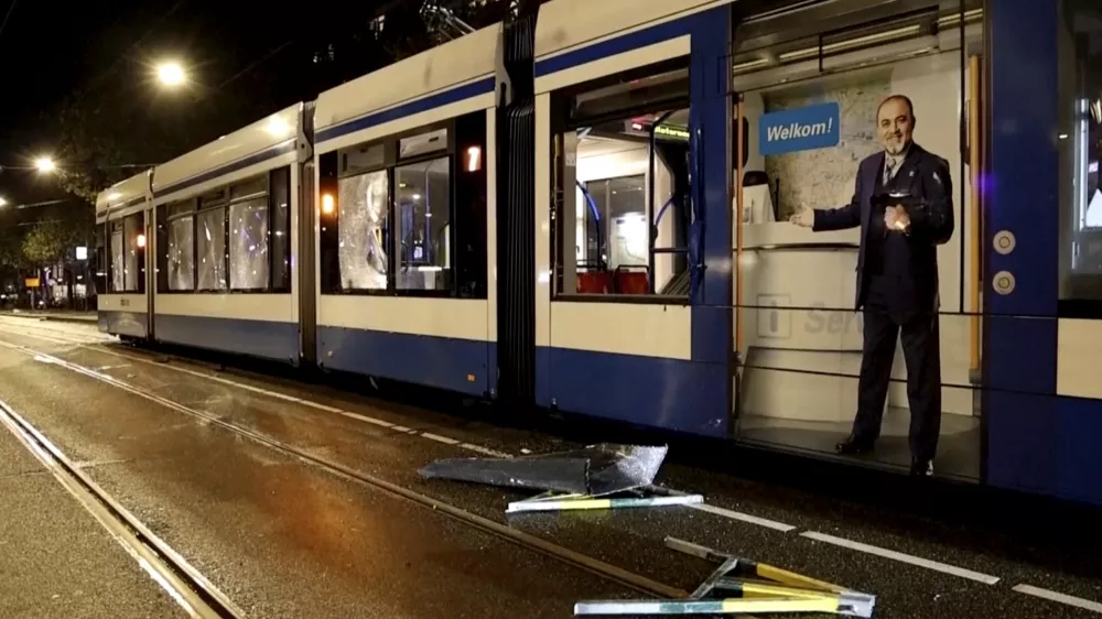 This image taken from video shows a damaged tram in Amsterdam, Monday Nov. 11, 2024, as the city is facing tensions following violence last week. (AP Photo)
