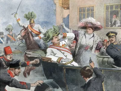 Assassinat de l'archiduc heritier d'Autriche Francois-Ferdinand (Franz Ferdinand ou Francois Ferdinand) et de la duchesse sa femme &agrave; Sarajevo - in "la Domenica del Corriere" du 12/07/1914.Assassination of Franz Ferdinand, 1863-1914 Archduke of Austria, and his wife Sophie, in Sarajevo, Bosnia, 28 June 1914,&copy;Bianchetti/Leemage / Foto: Wikipedia