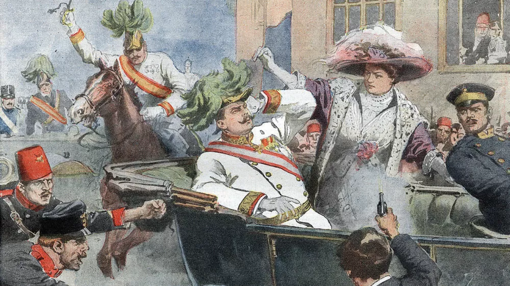 Assassinat de l'archiduc heritier d'Autriche Francois-Ferdinand (Franz Ferdinand ou Francois Ferdinand) et de la duchesse sa femme &agrave; Sarajevo - in "la Domenica del Corriere" du 12/07/1914.Assassination of Franz Ferdinand, 1863-1914 Archduke of Austria, and his wife Sophie, in Sarajevo, Bosnia, 28 June 1914,&copy;Bianchetti/Leemage / Foto: Wikipedia