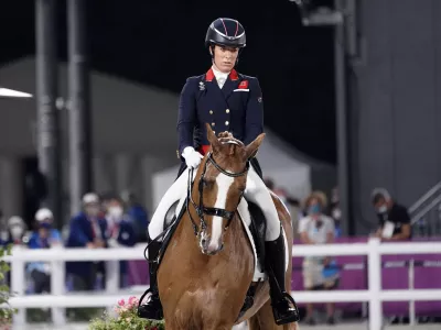 FILE - Britain's Charlotte Dujardin, riding Gio, competes in the equestrian dressage individual final at the 2020 Summer Olympics, Wednesday, July 28, 2021, in Tokyo. (AP Photo/David Goldman, File)