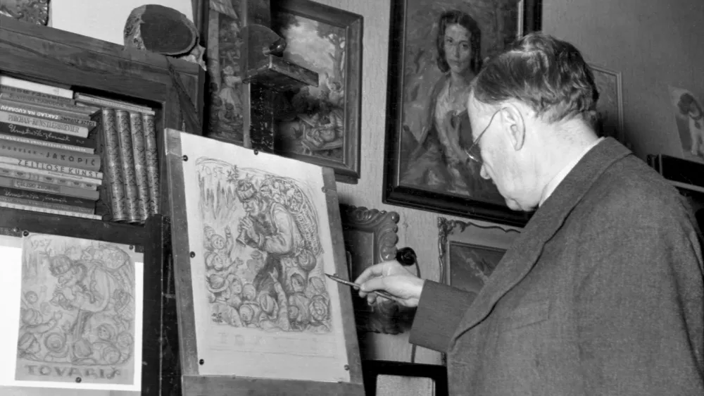 Maksim Gaspari ri&scaron;e dedka Mraza / Foto: Muzej Novej&scaron;e In Sodobne Zgodovine