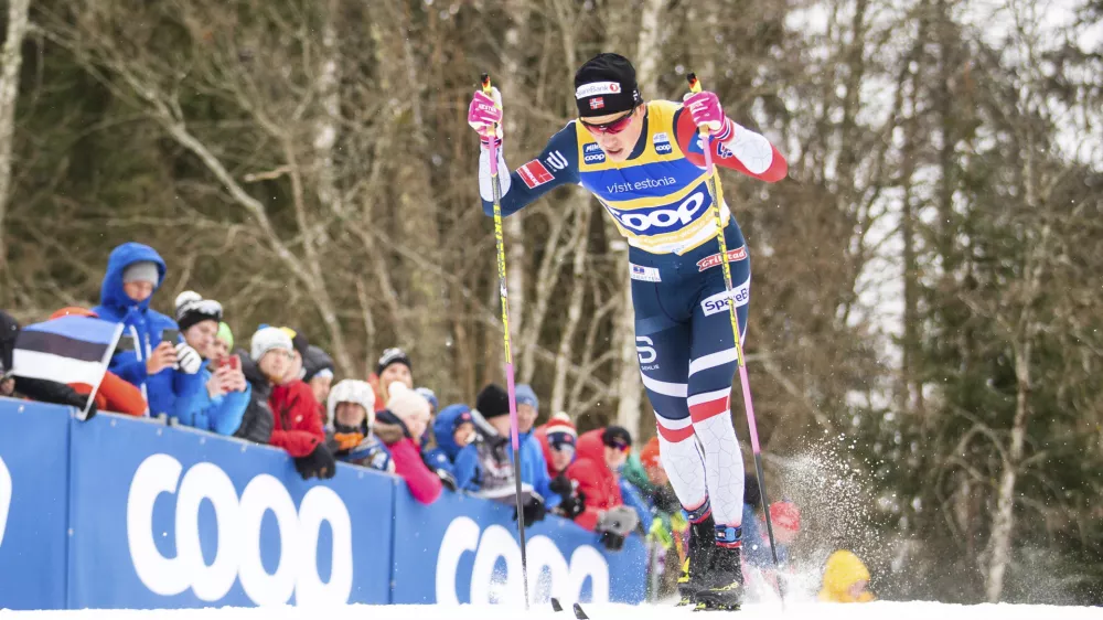 Johannes Hoesflot Klaebo of Norway competes at a qualification before the Men's Sprint C Final of the FIS Cross Country World Cup in Otepaa, Estonia, Saturday, Jan. 19, 2019. (AP Photo/Raul Mee)