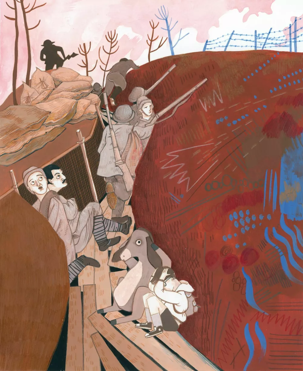 Ilustracija V strelskem jarku Tine Volarič v knjigi Karlo in Stanko &ndash; Zgodovinska domi&scaron;ljijska pripoved avtorjev Marka Klavore in Davida Kožuha (založil Gori&scaron;ki muzej, 2023), tehnika: gva&scaron; in barvni svinčnik. Foto: arhiv CD