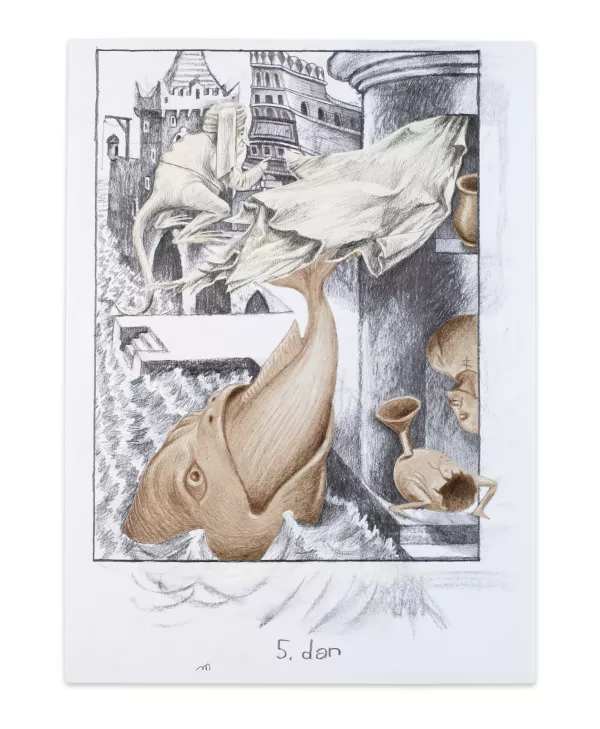 Ilustracija 5. dan nagrajenca Damijana Stepančiča v knjigi Zgodba zgodb pisatelja Giambattiste Basileja (založba Goga, 2022), tehnika: me&scaron;ana. Foto: arhiv CD