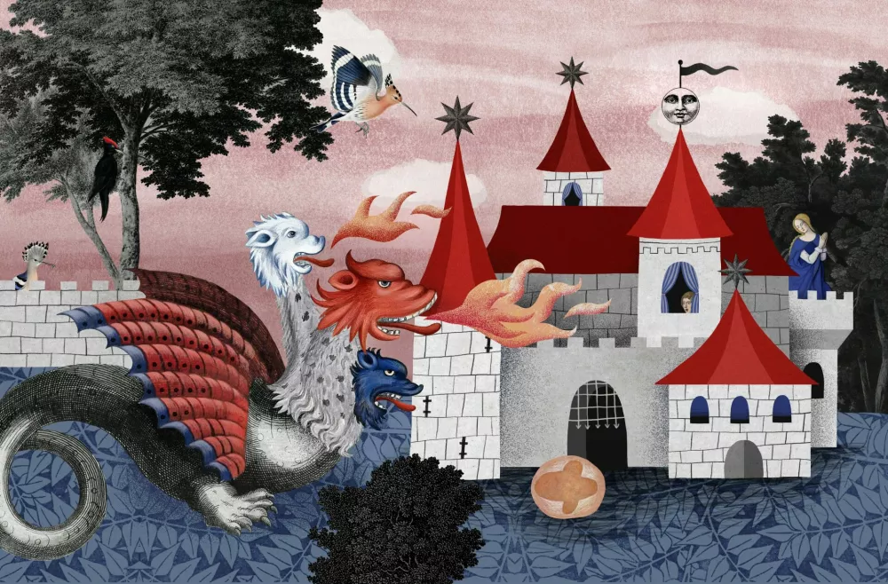 Ilustracija O treh grahih Eve Mlinar v knjigi Slovenske ljudske &ndash; Sto slovenskih ljudskih (založba Morfemplus, 2023), tehnika: digitalna in me&scaron;ana. Foto: arhiv CD