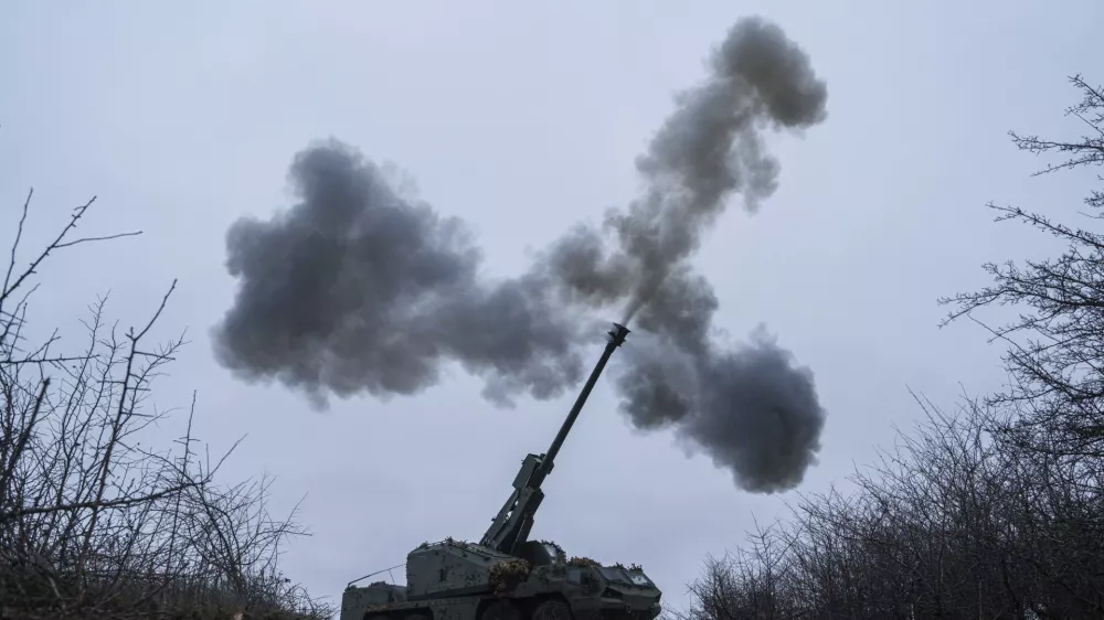 A Ukrainian self-propelled howitzer Dita of Azov brigade fires towards Russian positions at frontline in Donetsk region, Ukraine, Thursday Jan. 23, 2025. (AP Photo/Evgeniy Maloletka)
