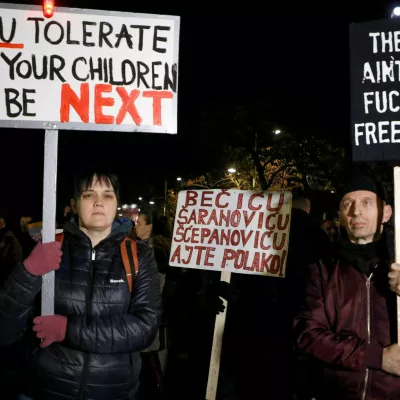  SENSITIVE MATERIAL. THIS IMAGE MAY OFFEND OR DISTURB Participants hold placards during a protest in front of the Interior Ministry demanding resignations after Cetinje mass murder rampage in Podgorica, Montenegro, January 5, 2025. REUTERS/Stevo Vasiljevic