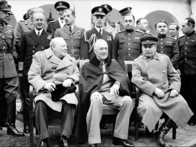'The Big Three': Winston Churchill, Franklin D Roosevelt and Joseph Stalin sit for photographs during the Yalta Conference in February 1945.NAM 236Part ofWAR OFFICE SECOND WORLD WAR OFFICIAL COLLECTION