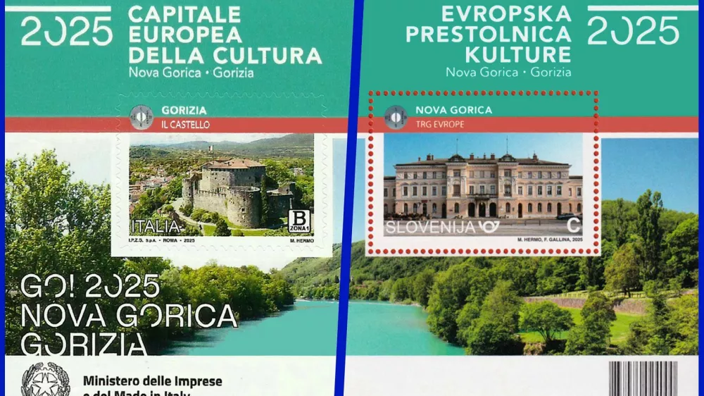 EPK GO! 2025 slavi skupna izdaja blokov velikosti 130 &times; 85 mm s po dvema znamkama (levo italijanska polovica bloka, desno slovenska).