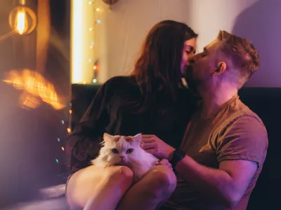 A couple of a guy and a girl are sitting on a bed in a room with colored lighting. A guy and a girl kiss. A girl has a white cat sitting in her arms / Foto: Illiak