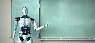 Humanoid robot in the classroom with a green chalkboard. 3d illustration. / Foto: Style-photography