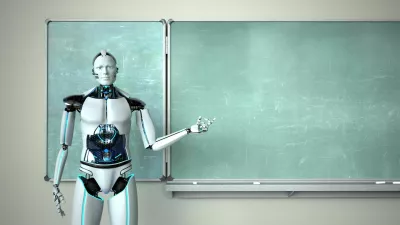 Humanoid robot in the classroom with a green chalkboard. 3d illustration. / Foto: Style-photography